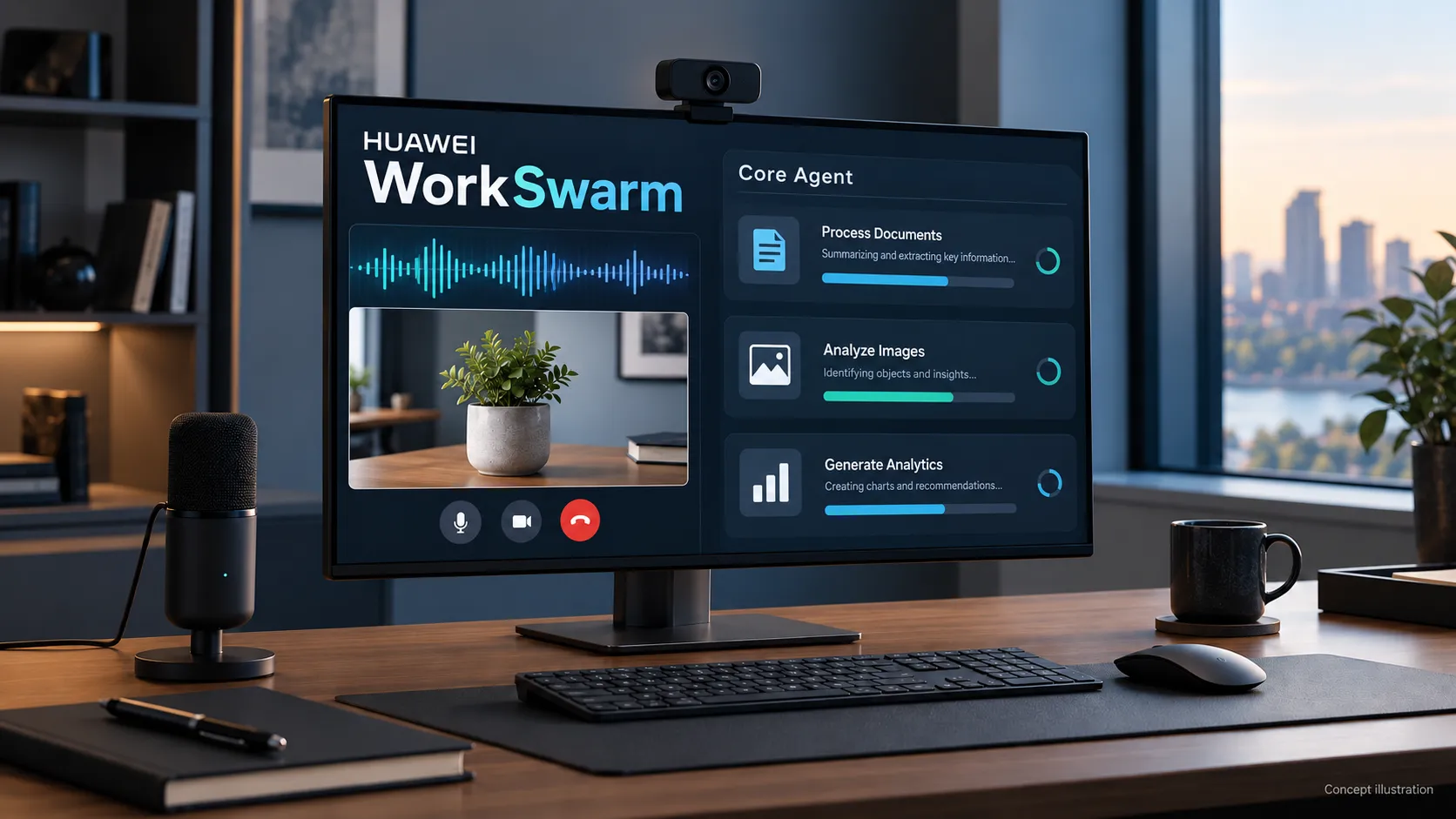 عامل هوش مصنوعی WorkSwarm در حال مدیریت هم‌زمان مکالمه صوتی و اجرای وظایف پس‌زمینه